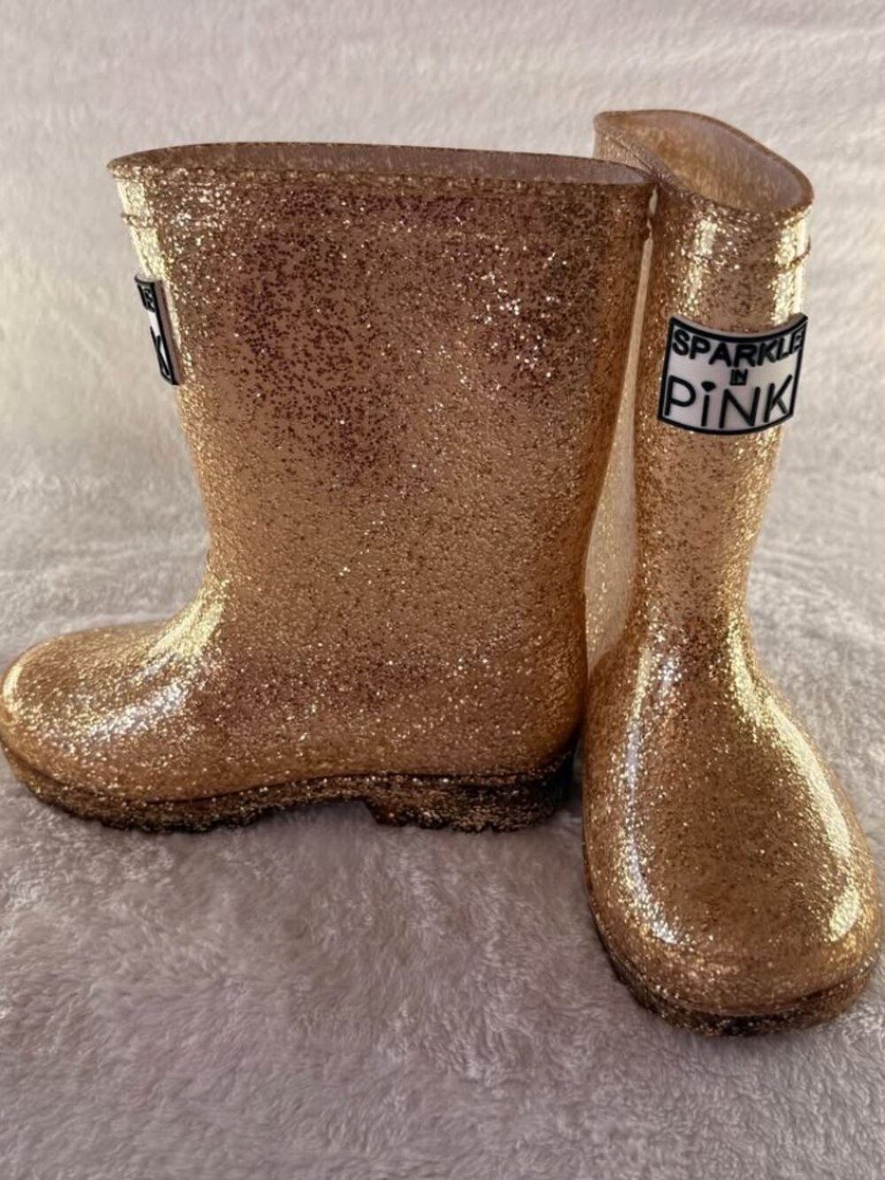 ✨ Sparkle in Pink Glitter Rain Boots – Gold – Toddler Size 9 – Waterproof